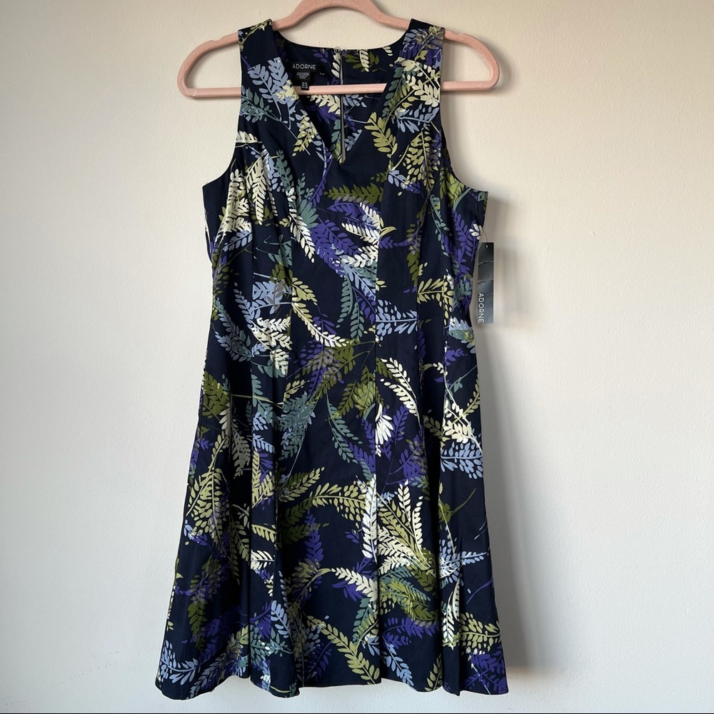 Adorne NWT Navy Fit & Flare Dress Leaf Pattern V Neck Size 8